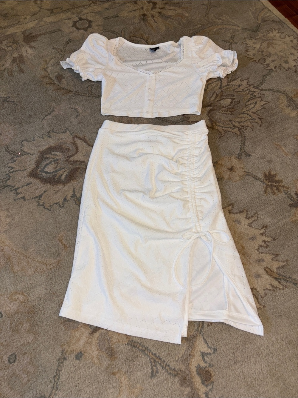 White Eyelet Midi Skirt with Side Drawstring and matching shirt set